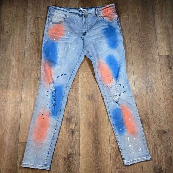 Genuine Authentic Jeans Men’s 38x32 Light Wash Distressed Paint Splatter Denim - Picture 2 of 9